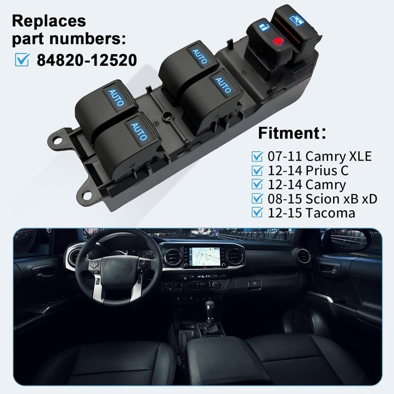 BELGEMAY Driver - Side Window Switch - Ice - Blue LED Lights, 4 - Key Auto - Up/Down - Fits 07-11 Camry XLE, 12-14 Prius C & More - Image 2